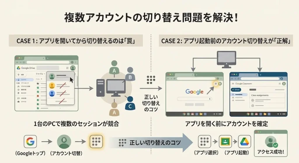 図解:複数のアカウント切り替え問題を解決!